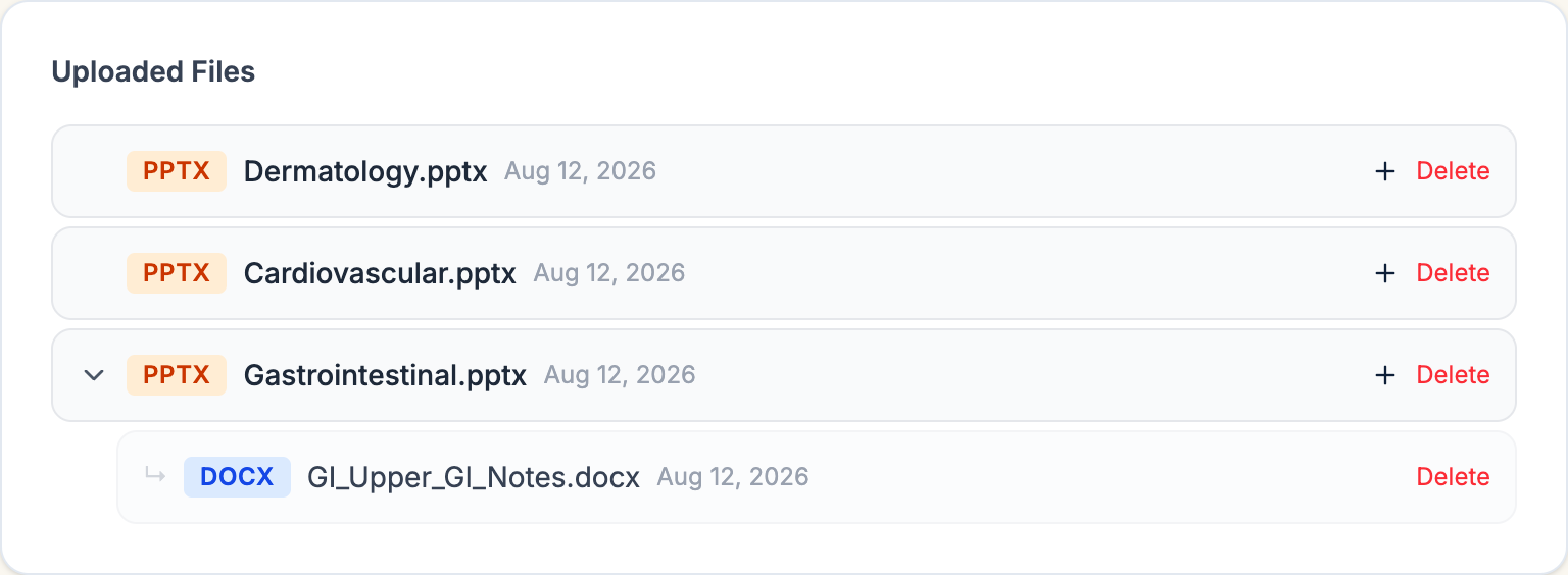 Documents page showing an uploaded lecture with the student's own linked notes file